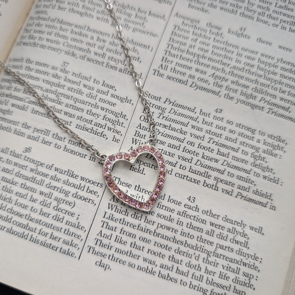 Silver Heart Necklace with Pink Accents